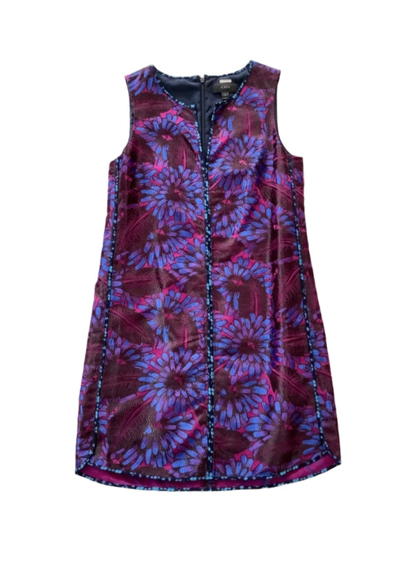 J.CREW Women's purple/dark pink/blue floral brocade sleeveless shift dress split neck, 4
