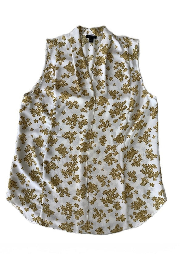 ANN TAYLOR Women's white w/ mustard floral crepe draped v neck sleeveless blouse, M