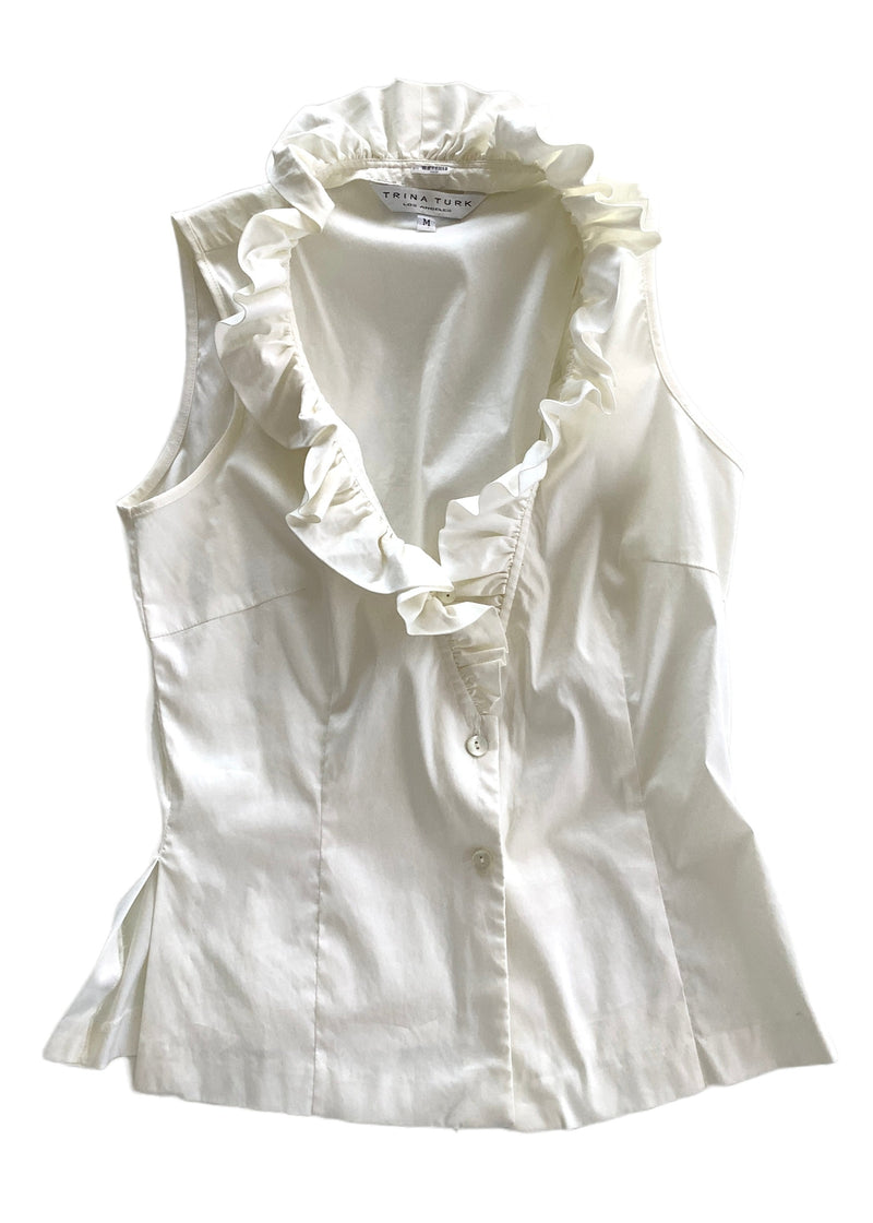 TRINA TURK Women's cream ruffled plunging neckline sleeveless stretch cotton blouse, M