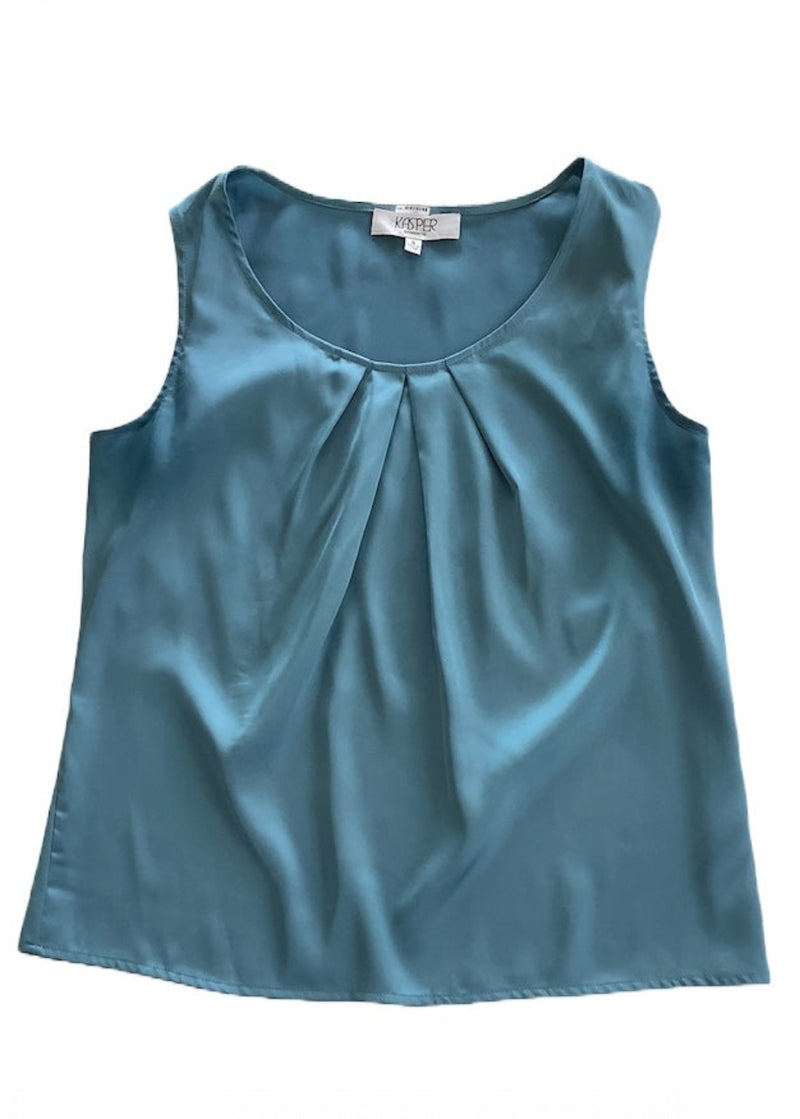 KASPER Women’s teal poly satin pleated scoopneck sleeveless blouse, S