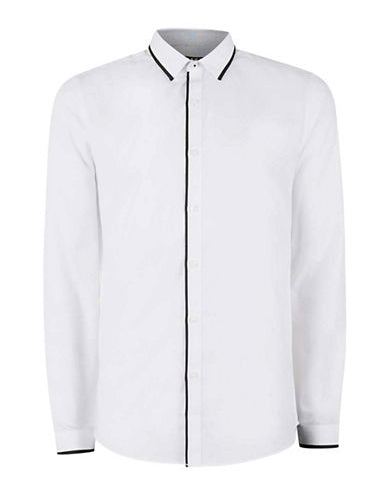 TOPMAN Mens white slim fit dress shirt w/ contrast black satin trim at the collar, buttoned placket, and cuffs, L