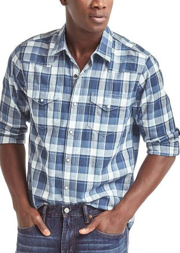 GAP Mens blue plaid slim western style shirt, M