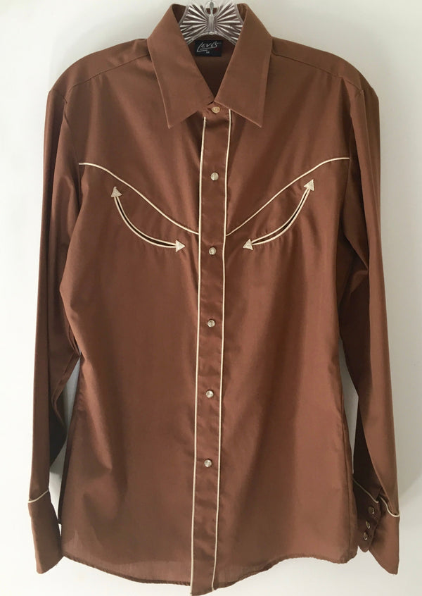 VINTAGE LEVI'S '70's Mens brown western long sleeve shirt w/ smile pockets & contrasting piping , M