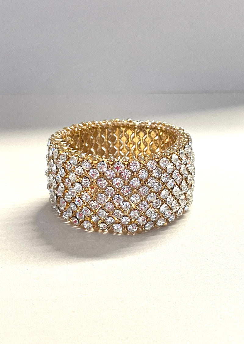 BRACELET gold with clear rhinestone 1.25" wide stretch bracelet, NS