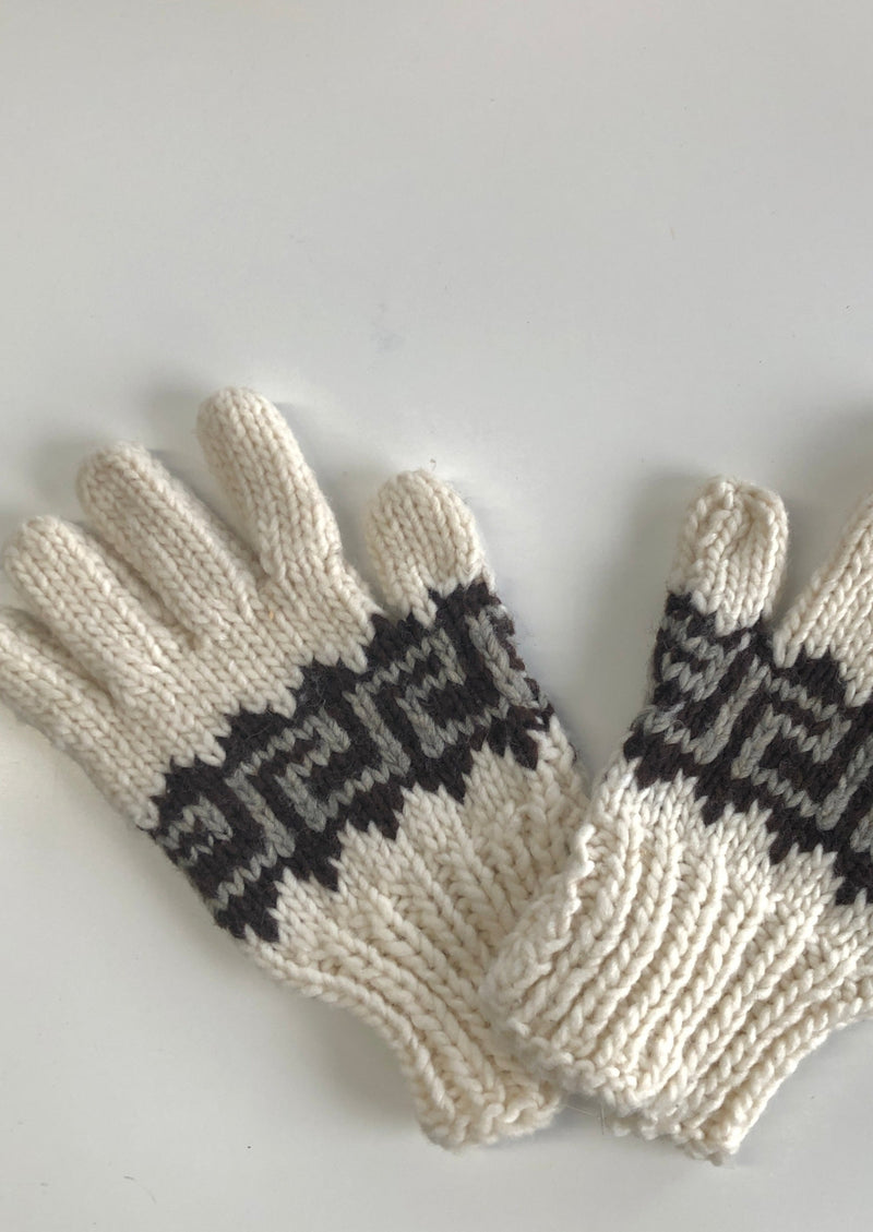 GLOVES MENS cream wool w/ Peruvian gloves w/ brown/grey pattern, NS