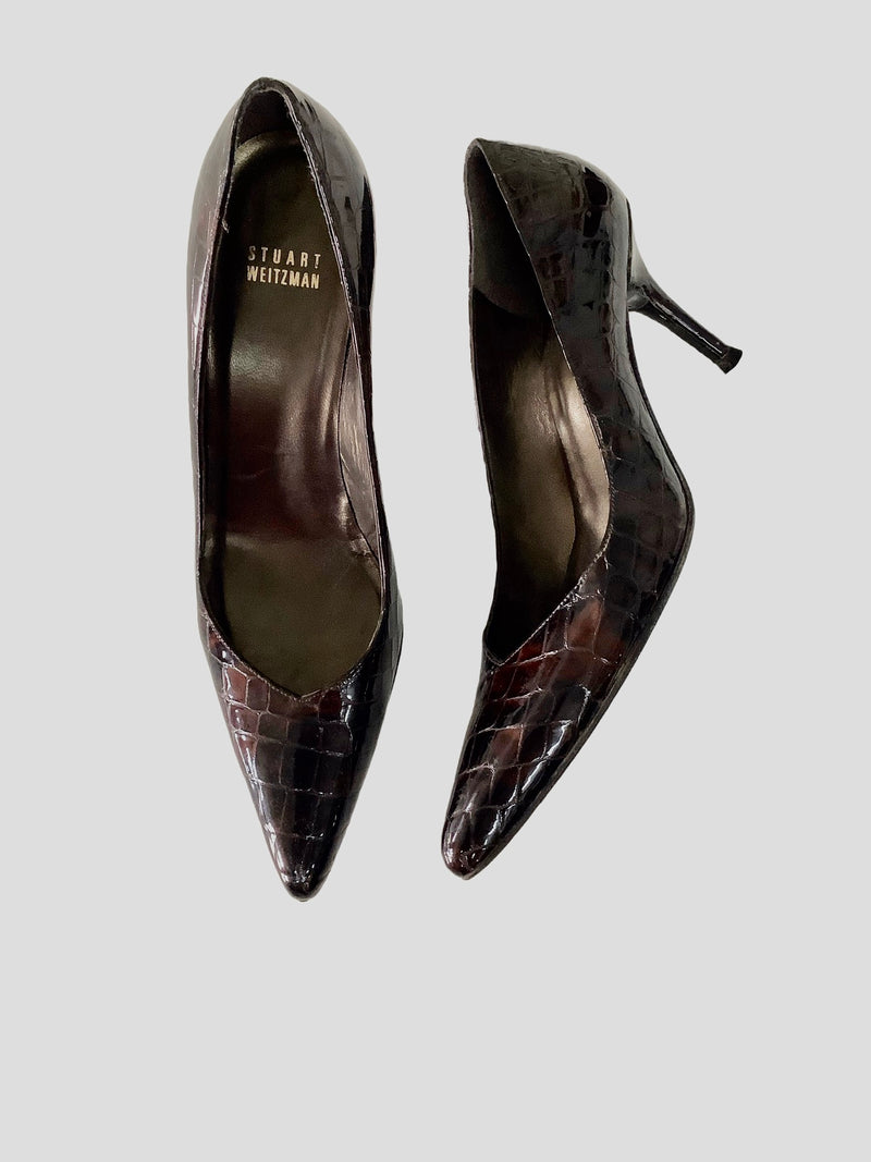 STUART WEITZMAN W SHOE 8 brown patent croc, point toe 3" stiletto heel, 8M
