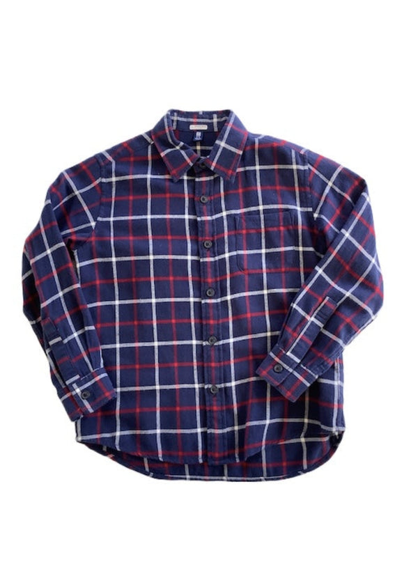 UNIQLO Boys navy/red/white windowpane plaid flannel shirt w/ chest pocket, 5/6