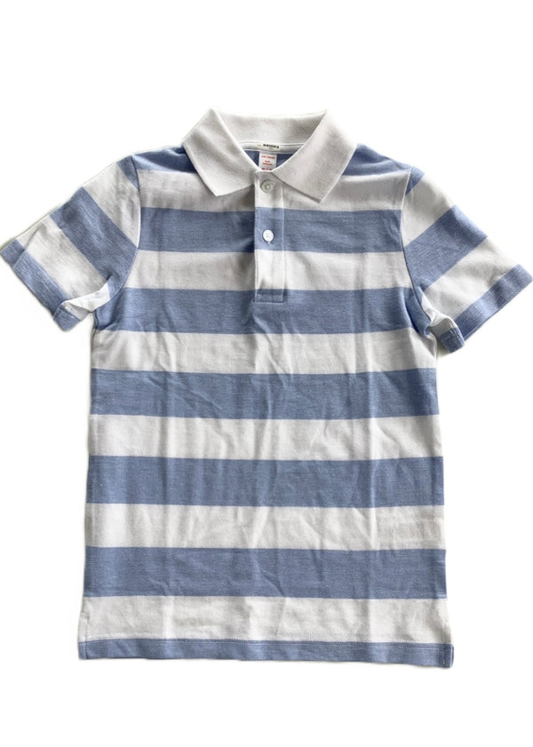 JOE FRESH Boys white & pale blue pique wide stripe 2 button polo shirt, M 7/8