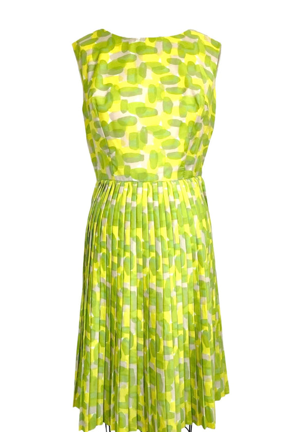 VINTAGE Women's yellow & green cotton print dress with knife pleat skirt, 10