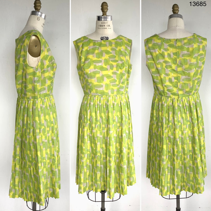 VINTAGE Women's yellow & green cotton print dress with knife pleat skirt, 10