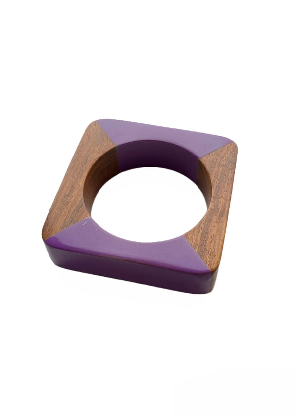 BRACELET wood and purple resin rounded corner square bangle, 3.5" x 3.5"