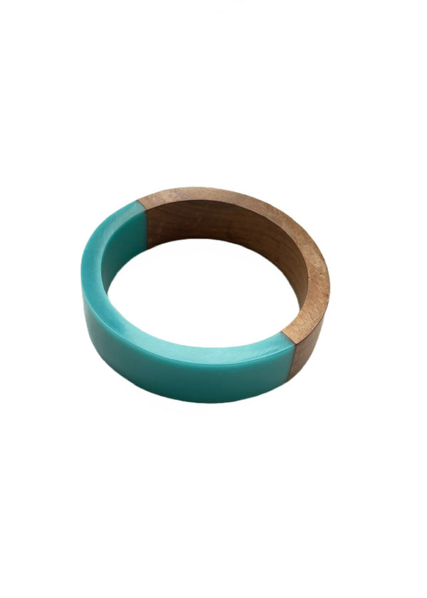 BRACELET wood and turquoise resin bangle, 3 3/8" wide