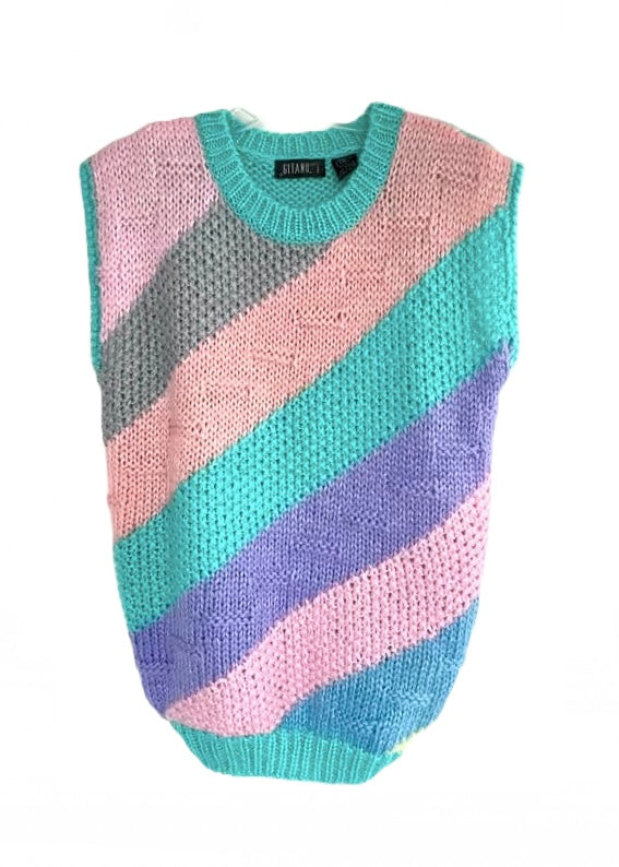 GITANO VINTAGE Women's 80's aqua/pink/lavender diagonal stripe chunky acrylic knit sweater vest, M