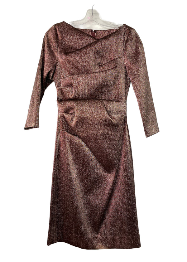 TERI JON Women's iridescent bronze sparkle ruched 3/4 sleeve cocktail shift dress, 8