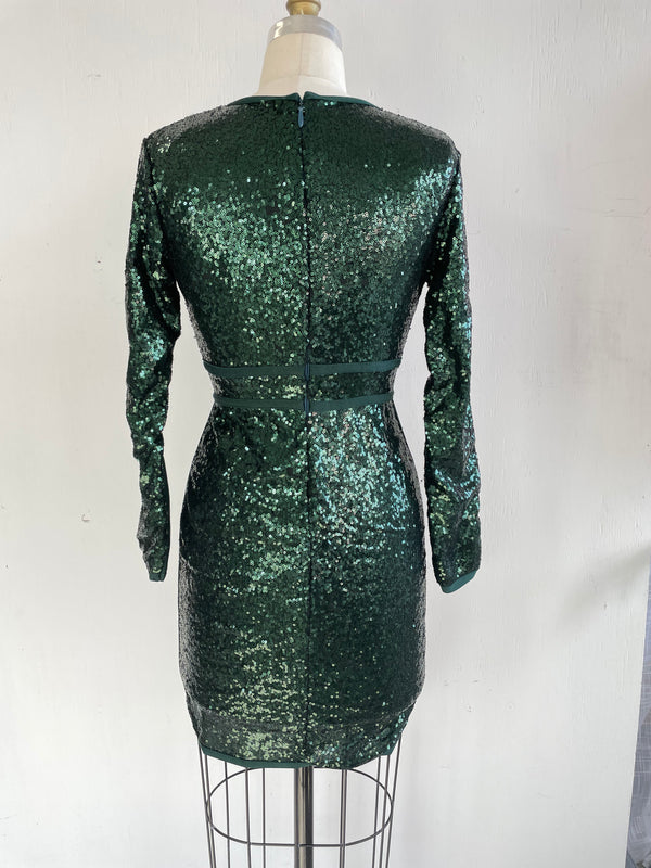 Women's dark green sequin fitted mini cocktail dress w/stretch panels & plunging neckline,  6