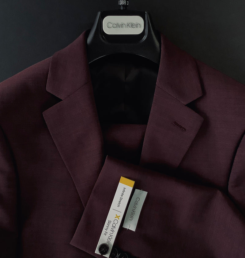 CALVIN KLIEN Mens burgundy skinny 2 button notch lapel suit, 38R