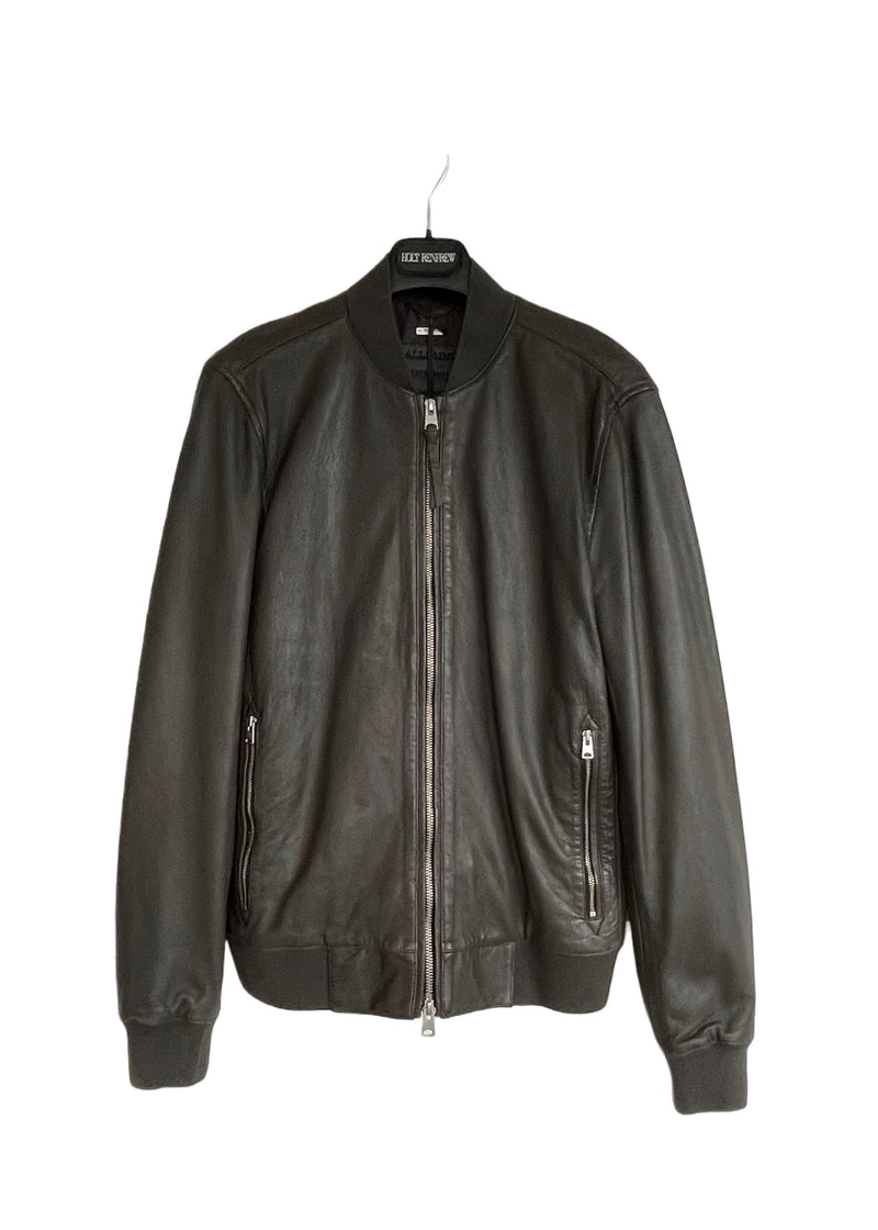 ALL SAINTS Mens dark ash brown leather “Niko” bomber jacket, XS