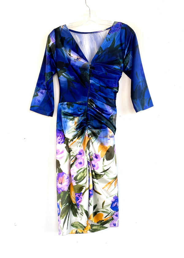 DRIES VAN NOTEN Women's blue multi floral silk satin ruched midi dress, 36 (0/2)