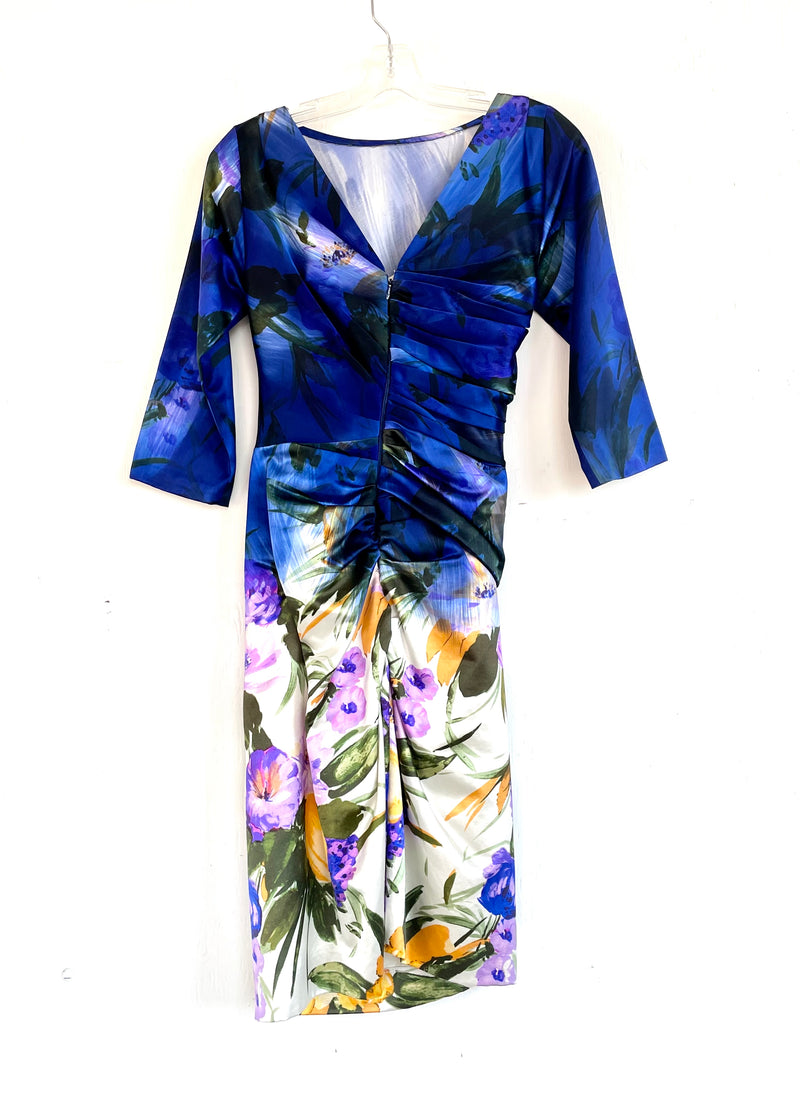 DRIES VAN NOTEN Runway Collection Women's blue multi floral silk satin ruched midi dress, 36 (0/2)