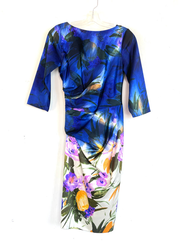 DRIES VAN NOTEN Women's blue multi floral silk satin ruched midi dress, 36 (0/2)