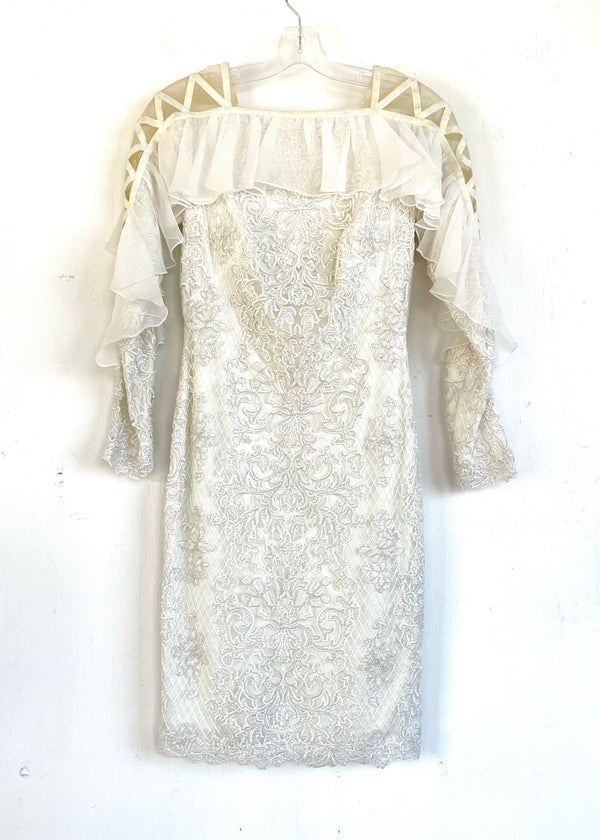 TADASI SHOJI BRIDAL white corded lace long sleeve sheath dress, 4