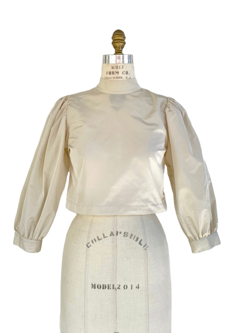 SUNDAY BEST Women's cream taffeta band collar 3/4 puff sleeve cropped top, 2XS