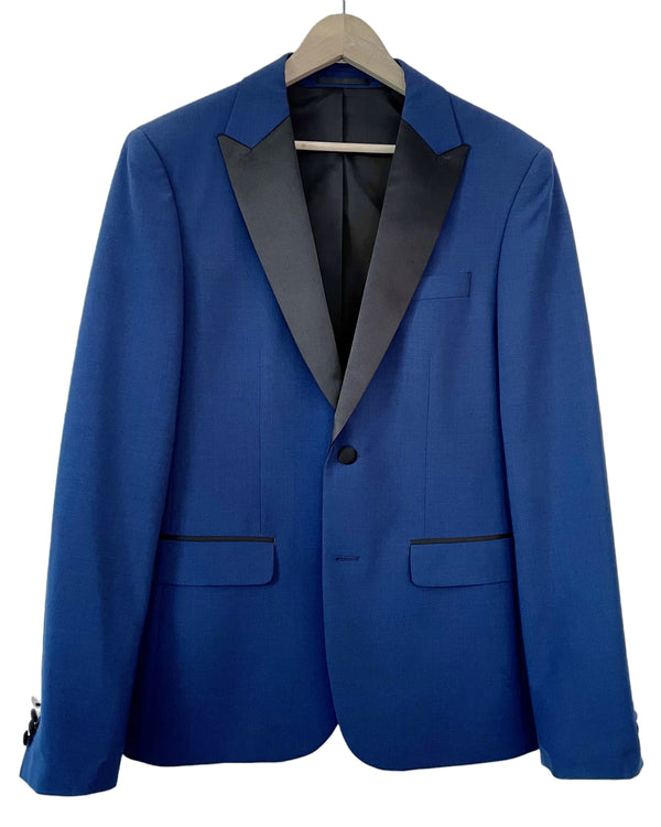 LE 31 PAR SIMONS Mens navy blue 2 button tuxedo jacket w/ black satin peaked lapel, 36R