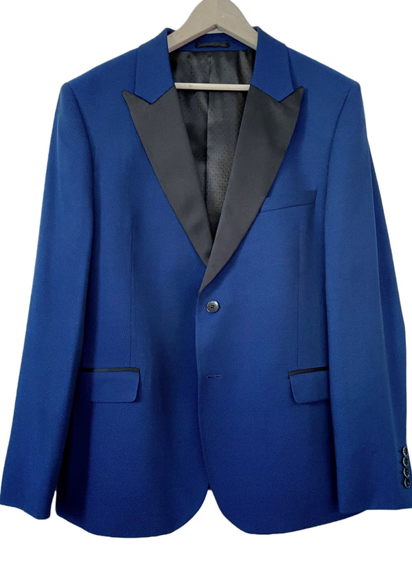 GRAFTON Mens blue diamond weave tuxedo jacket w/ black satin peaked lapel, 38R