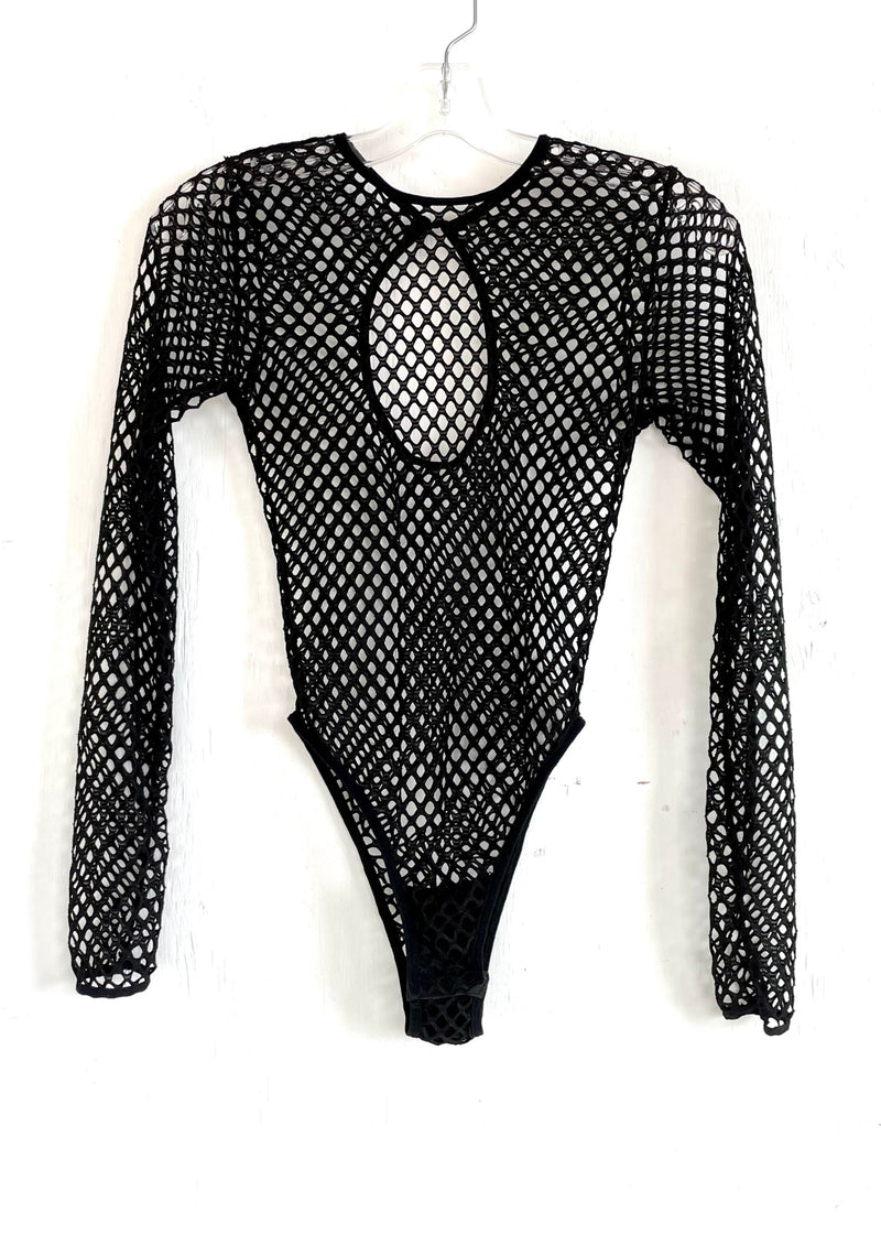 BODYSUIT Women's black large hole fishnet long sleeve crewneck bodysuit, NS