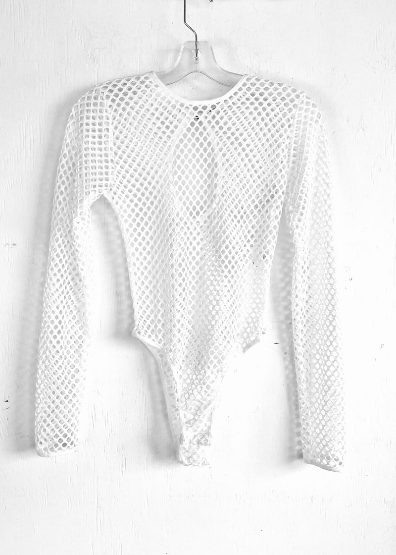 BODYSUIT Women's white large hole fishnet long sleeve crewneck bodysuit, M