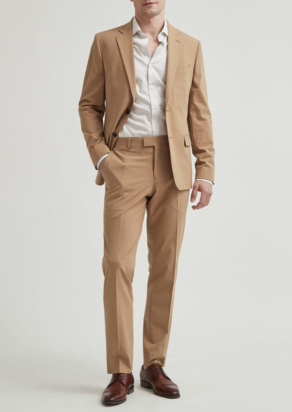 RW&CO Mens sand camel slim fit 2 button peaked lapel suit, 46