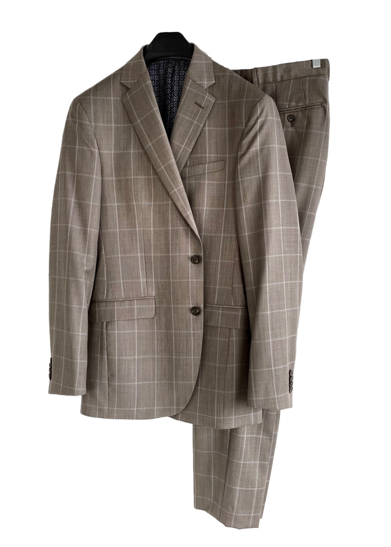 TED BAKER Mens taupe light brown windowpane "JAKE" modern fit wool suit, 42 L