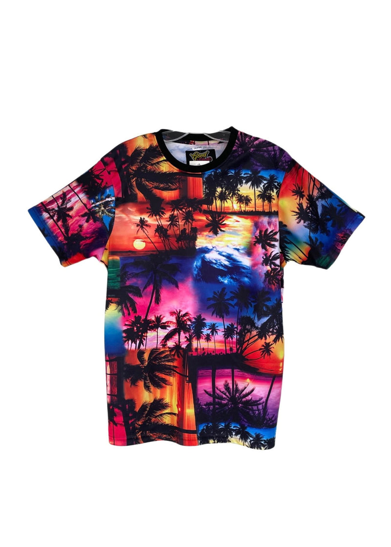 GOOD VIBES DRILL CLOTHING Mens bright rainbow sunset palm trees print poly short sleeve tee, M