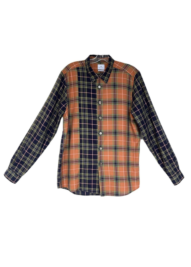 PS PAUL SMITH Mens olive/navy/rust cotton twill plaid shirt w/ contrast panel right side, L