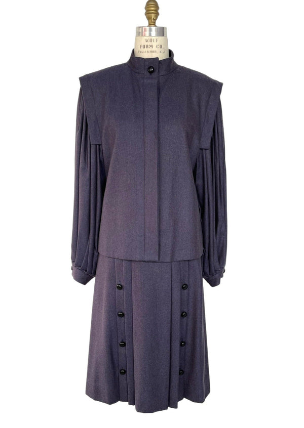 VINTAGE SALVATORE FERRAGAMO Women's dark purple wool 2 pc pleated suit, 46 / 10 US
