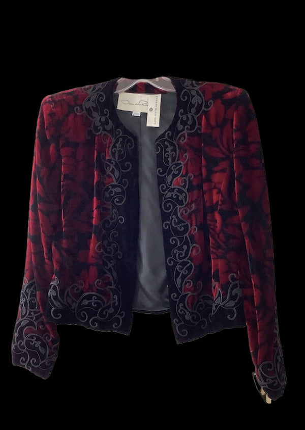 OSCAR DE LA RENTA Women's red & black velvet cropped evening jacket w/ soutache, 4