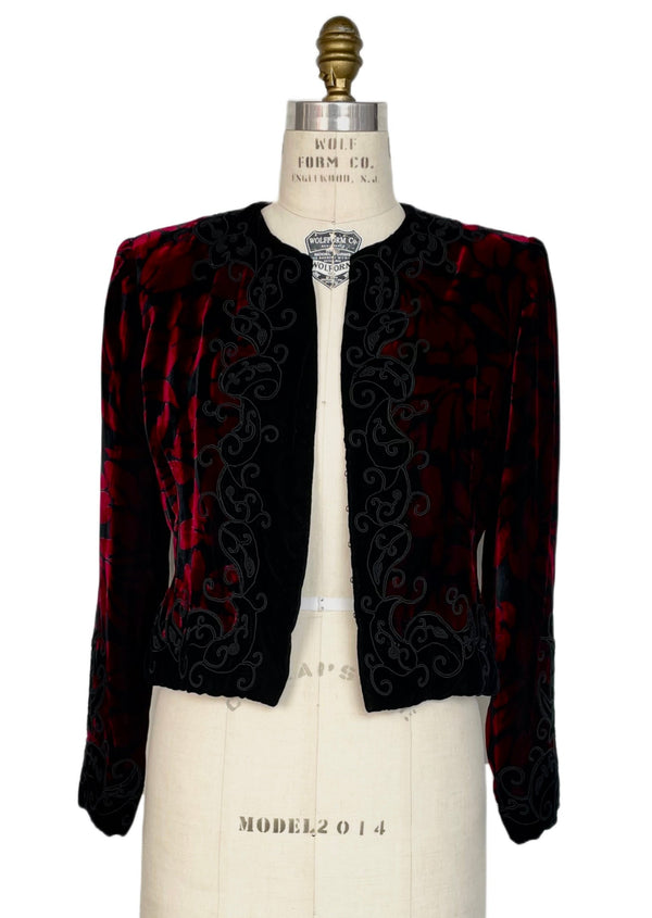 OSCAR DE LA RENTA Women's red & black velvet cropped evening jacket w/ soutache, 4
