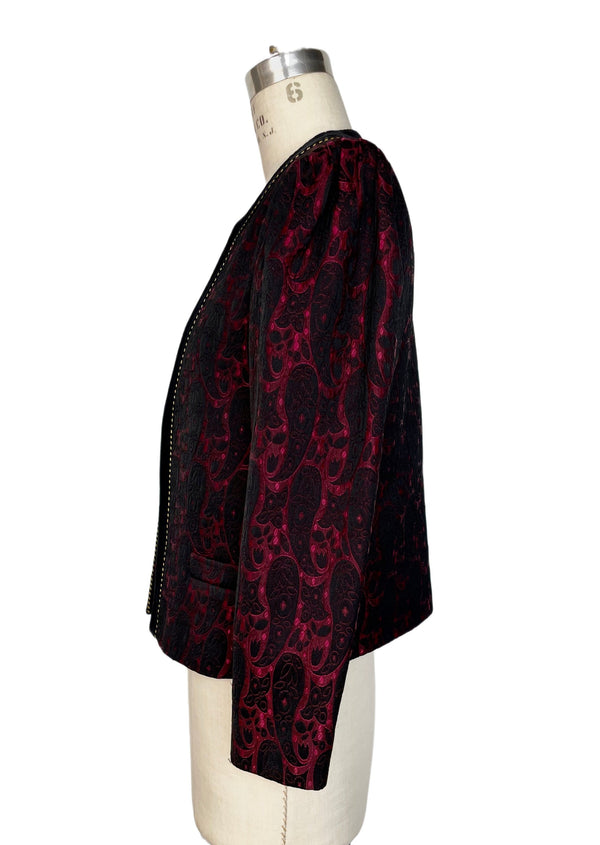 VINTAGE Women's red & black brocade evening jacket w/ black velvet & gold cord trim, S/M