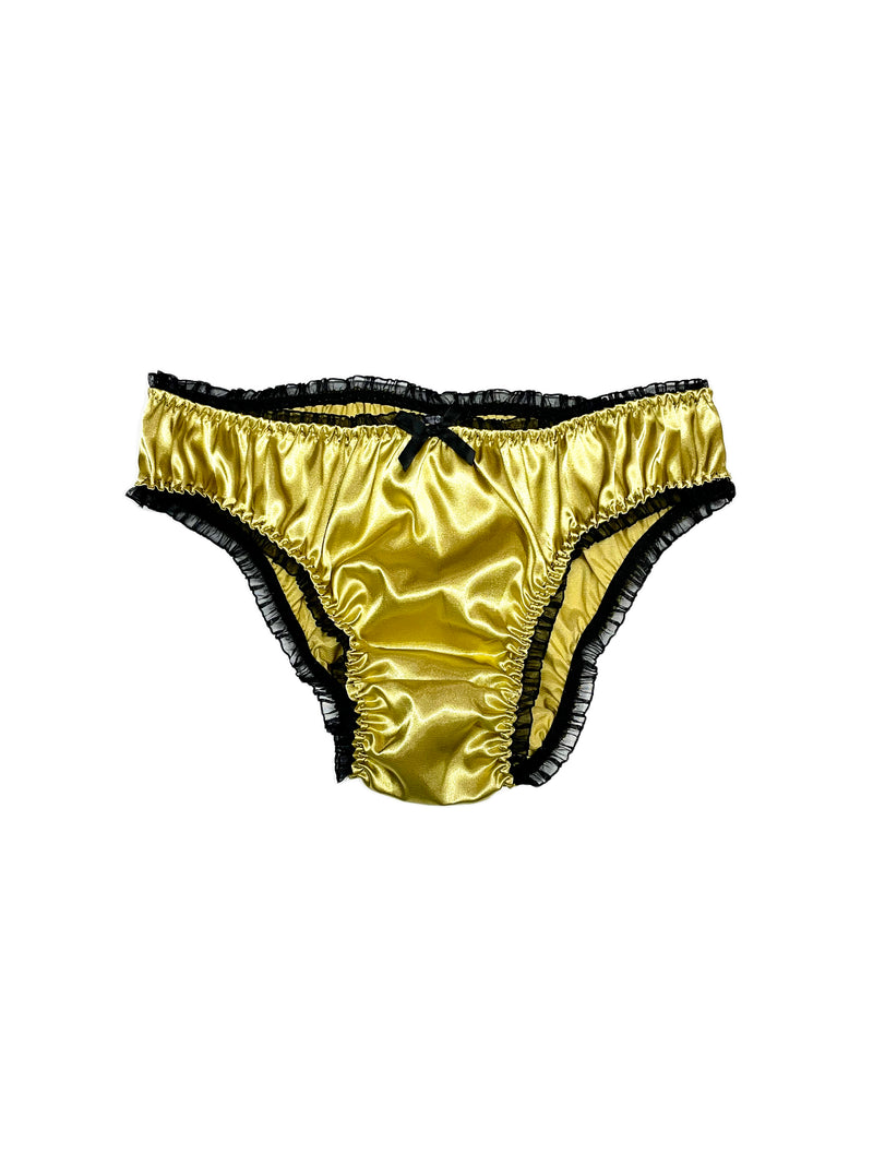 SATINI Women's gold satin panties with black sheer ruffle trim, M