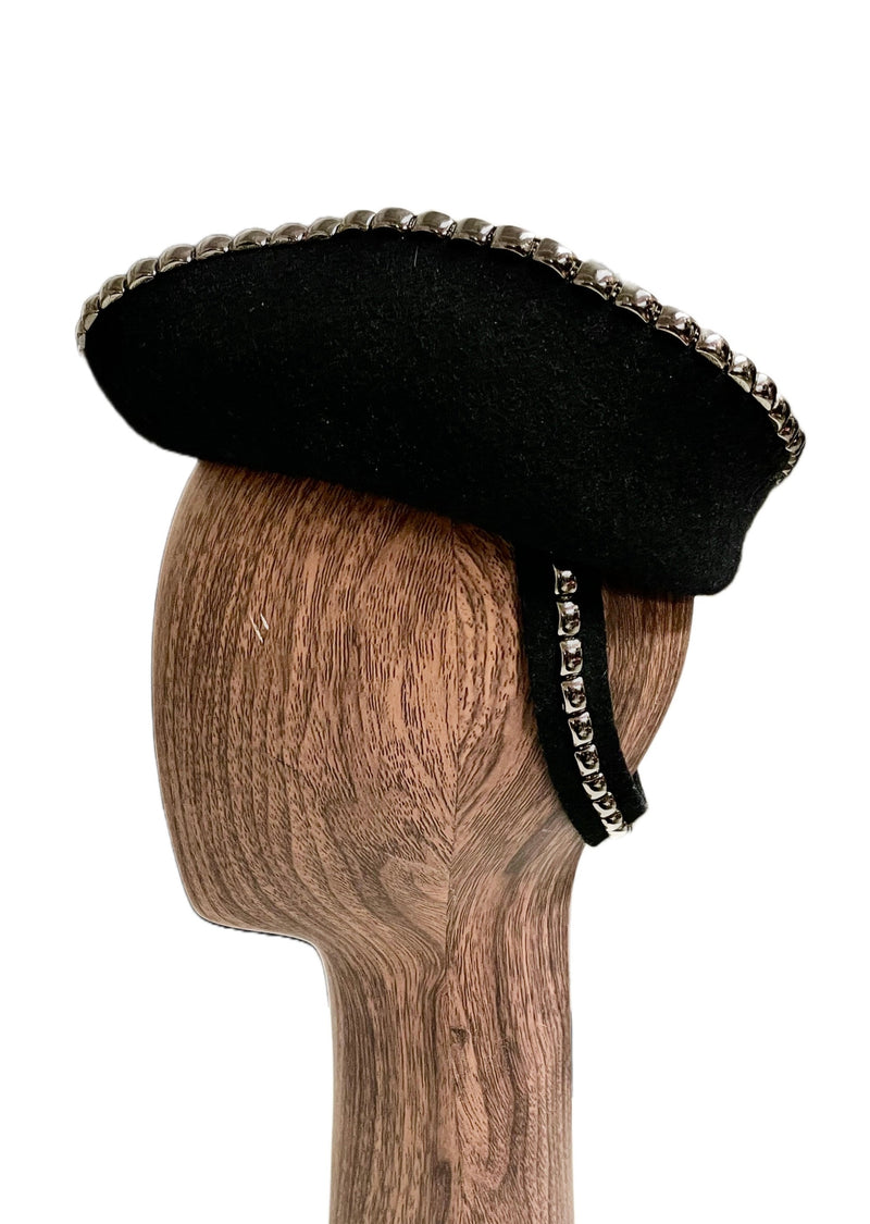 W HAT black blocked felt pirate hat w/ silver studs and back strap, NS