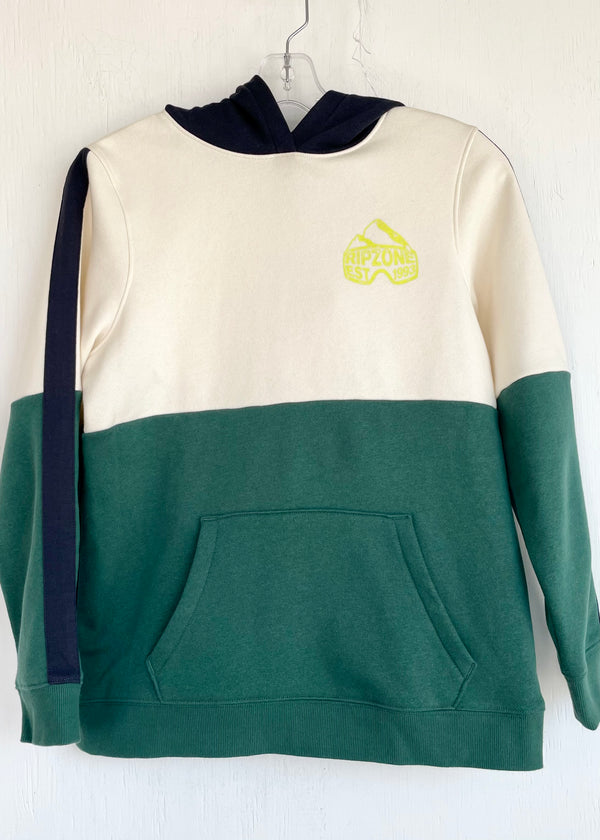 RIPSTOP Boys cream/green/navy colour block kangaroo pullover hoodie sweatshirt, XL