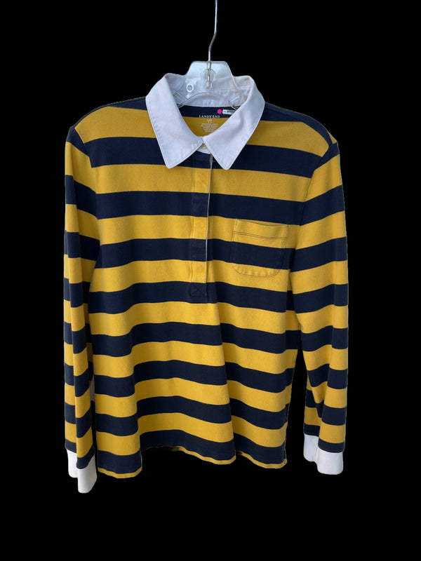 LANDS' END Boys navy & yellow stripe rugby shirt w/ white collar, 14/16