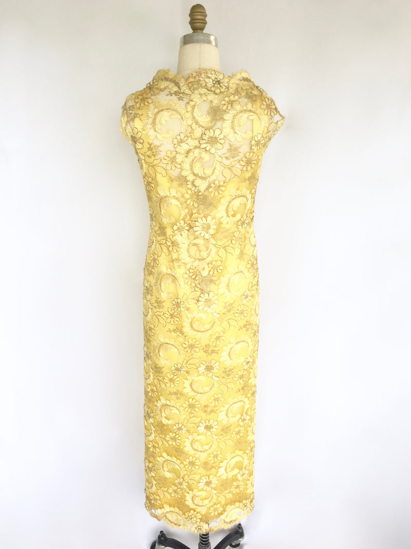 VINTAGE LOISELLE custom yellow beaded lace French 1960s evening gown, M