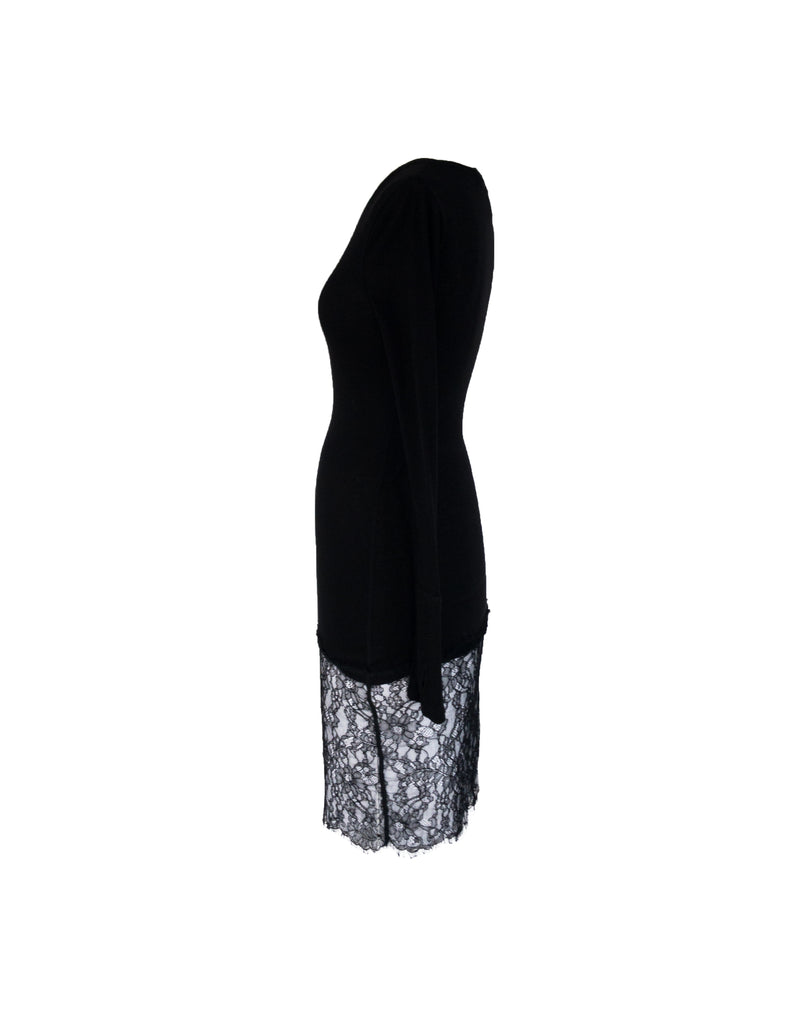 BCBG Women's black fine rIb knit long sleeve knee length dress w/ lace hem, XS