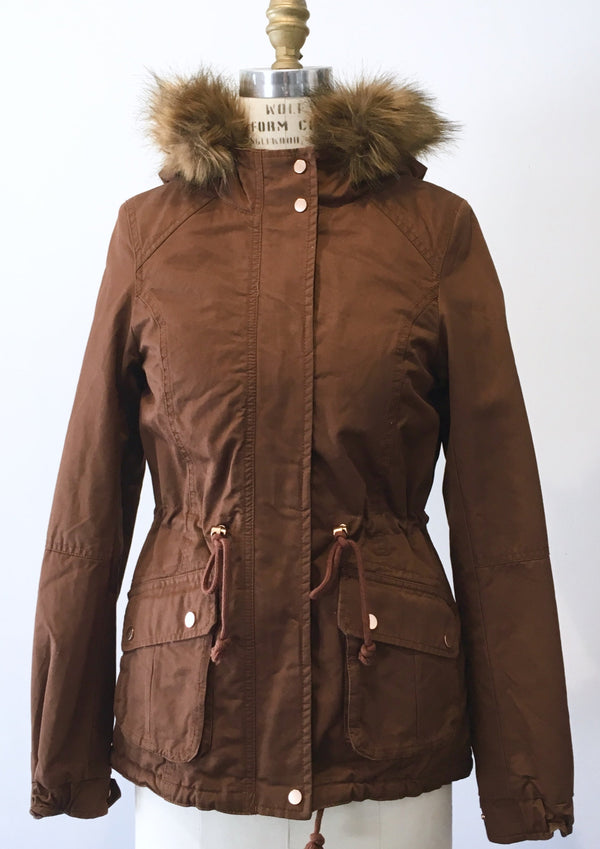 H&M Women's brown cotton canvas anorak w/ faux fur trim hood, 2