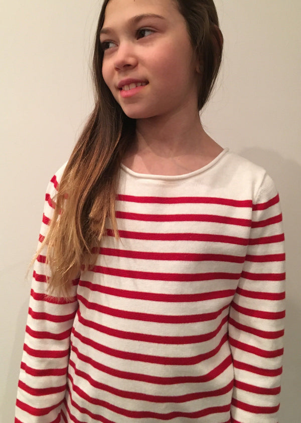 JOE FRESH Girls red & white stripe cotton pullover, M 7/8
