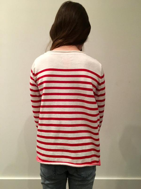JOE FRESH Girls red & white stripe cotton pullover, M 7/8