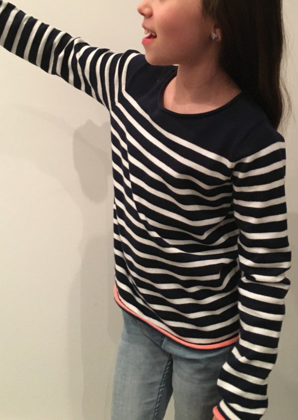 JOE FRESH Girls navy & white cotton striped  pullover sweater w/ coral trim, M 7/8