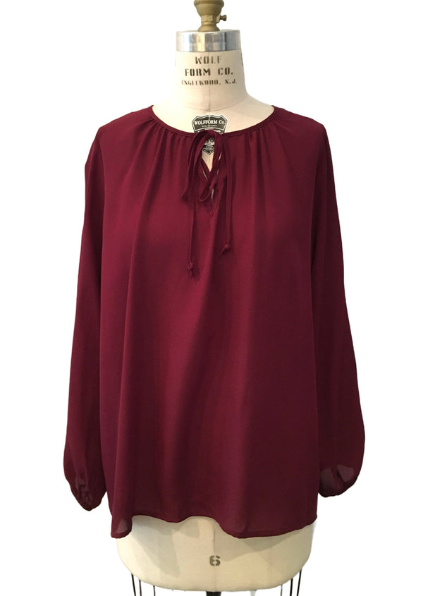 ANN TAYLOR Women's burgundy blouse pleated front yoke gathered cuffs, 8