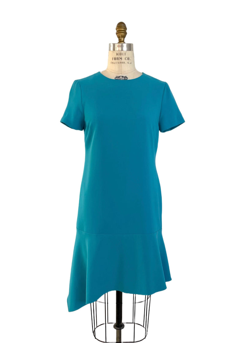 ELLEN TRACY Women's turquoise short sleeve shift dress w/ aysemmetrical tulip hem, 2